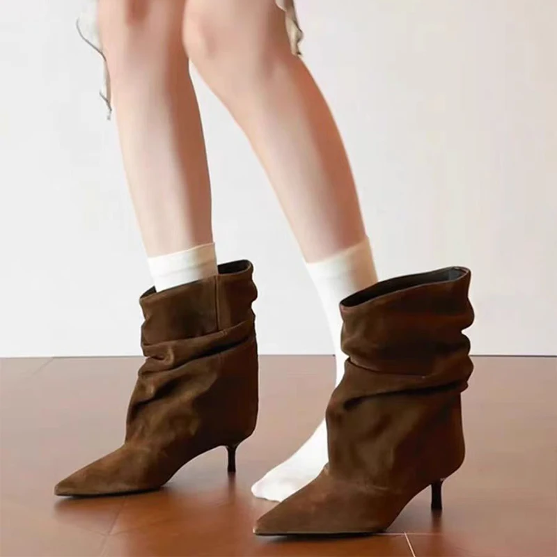 خمر جودة عالية أشار تو Vintage حذاء بوت بطول الكاحل مثير رقيقة منخفضة الكعب المرأة الدافئة مطوي حذاء من الجلد الانزلاق على أحذية الحفلات كاوبوي #2