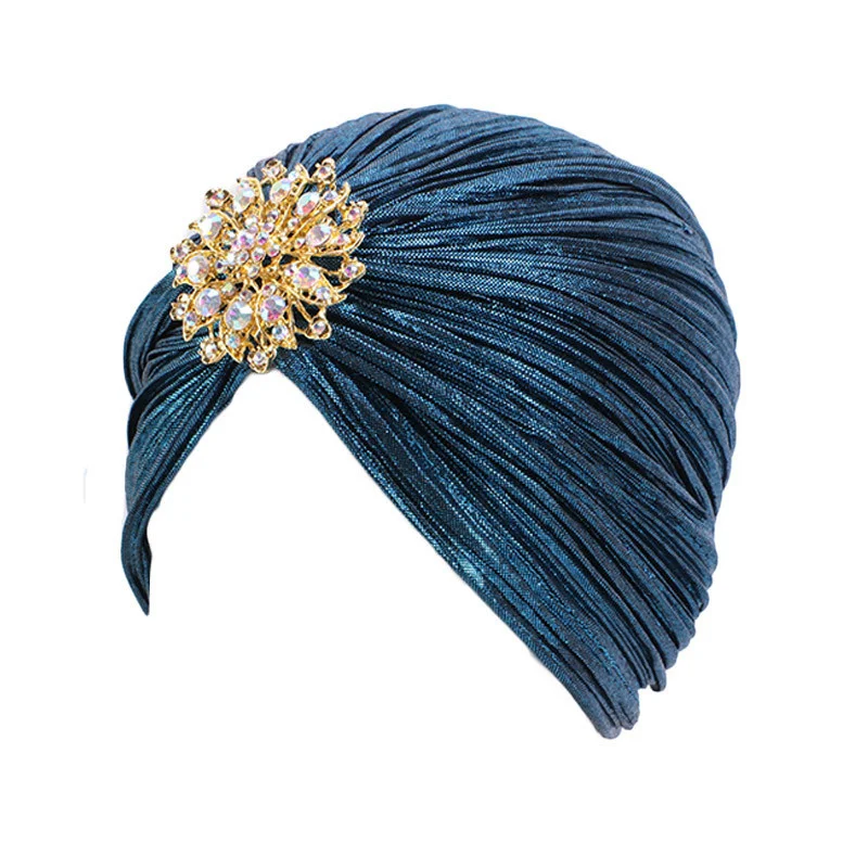 New Women Indian Turban Hat Head Wrap Pleated Soft Hair Hijab Cap Headwear with Brooch Jewelry Beanie Skullies Turban Chemo Cap