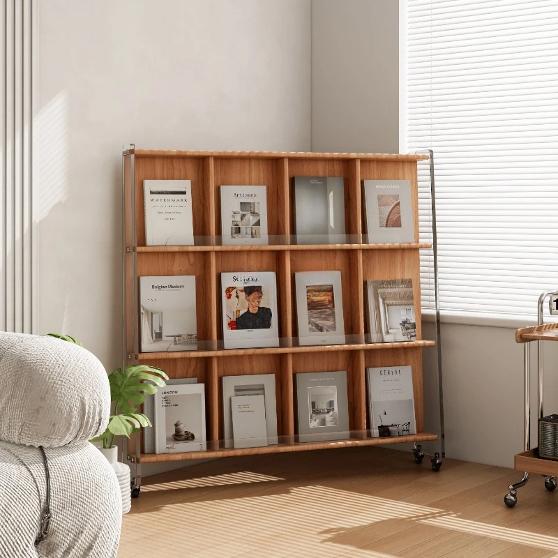 Light luxury rack, movable solid wood magazine rack, small living room book and newspaper rack, floor to ceiling newspaper rack