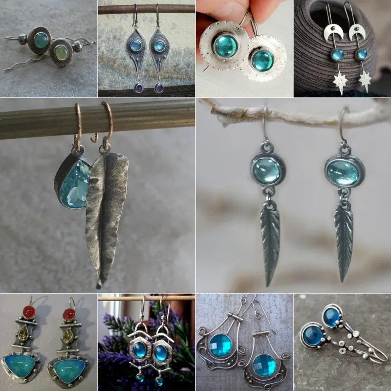 Vintage Fashion Blue Gemstone Geometric Pendant Earrings 2023 New Dual Color Circular Pendant Women\'s Earrings