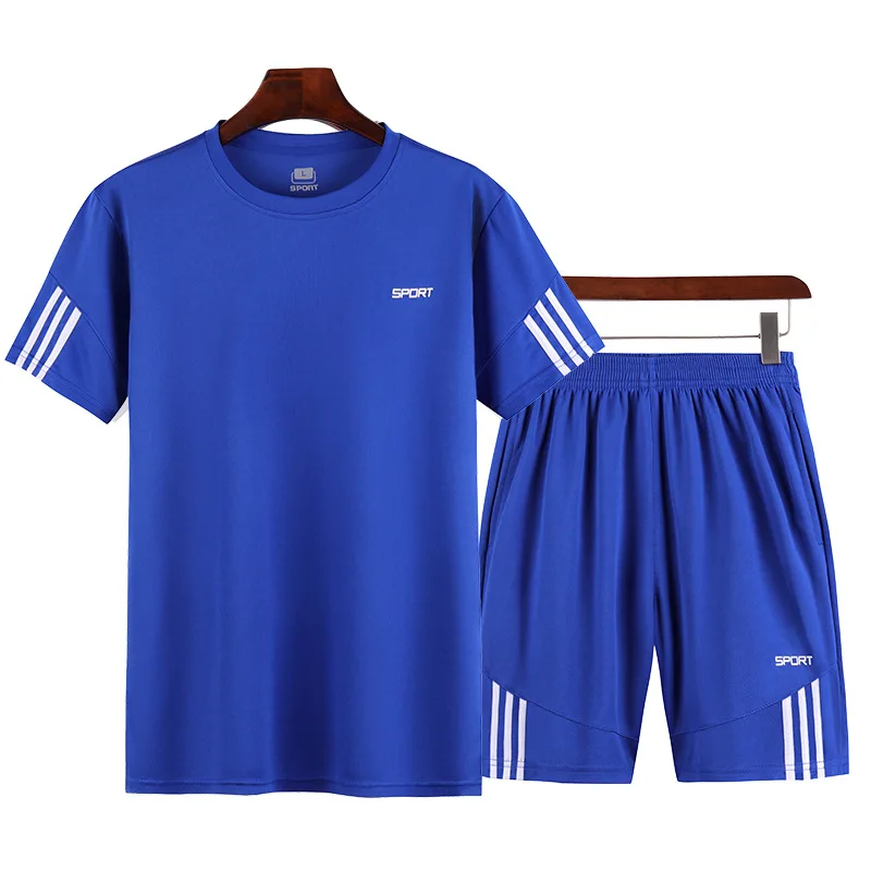 Summer Running Suit Men Plus Size Casual Sports Fitness Quick Drying Set Round Neck Short Sleeve T-shirt Shorts Two Piece Set