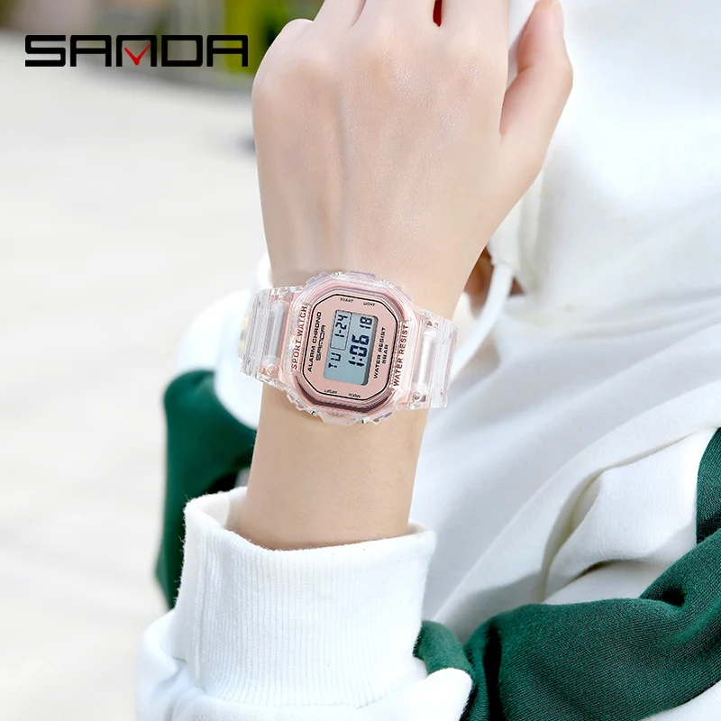 Sanda Cross border Hot selling Square Transparent Watch Band Electronic Watch Multi functional Night Light Waterproof Outdoor