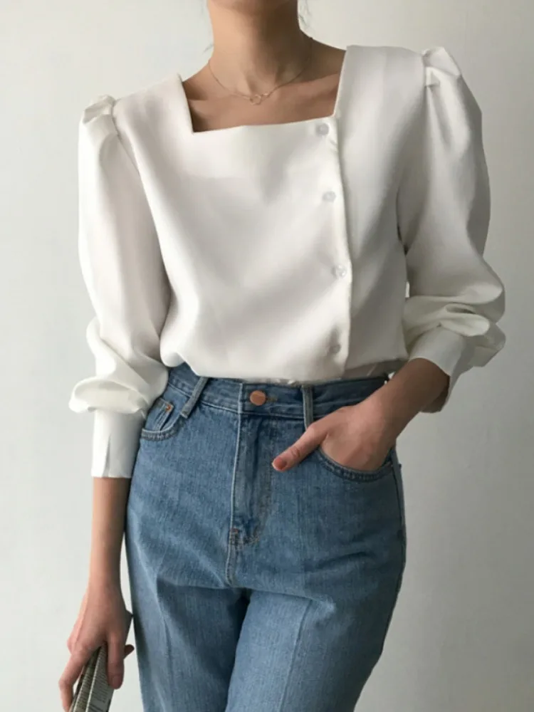

Slimming Chic Long Sve irt Women's Sweet Single Button Square Collar Exposing Clavicle High-End Feeling Blouse Commute S...
