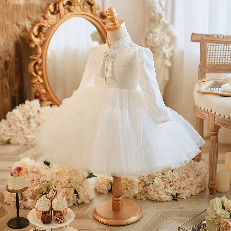 

Платье для первого дня рождения для маленьких девочек, осеннее новое детское платье принцессы для ведущего дня рождения, Cheongsam с цветочным узором для девочек, высококачественное элегантное платье