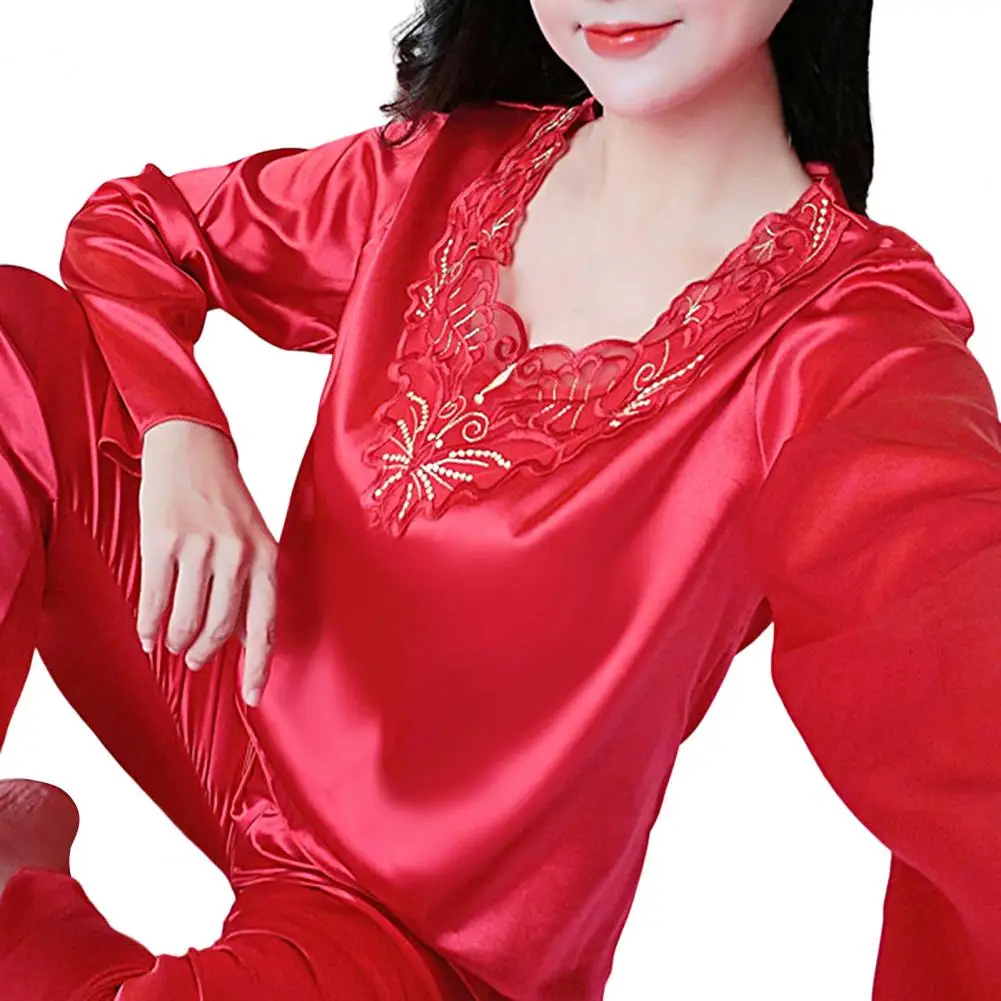 2 Pcs/Set Women Pajamas Set Silky Long Sleeves V Neck Loose Sleeping Lace Nightie Set for Bedroom