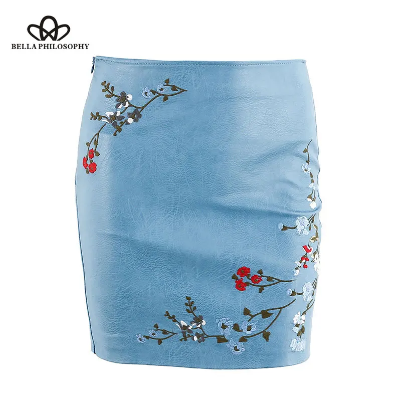 Bella Philosophy automne hiver femmes jupe femme broderie en cuir PU fermeture éclair Mini dames mode Vintage crayon