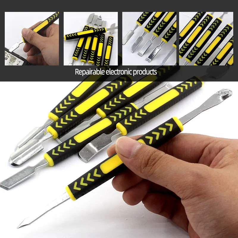 Durable Stainless Steel Pry Bar Set - 6-Piece Yellow Handle Opening Tools for Electronics Disassembly