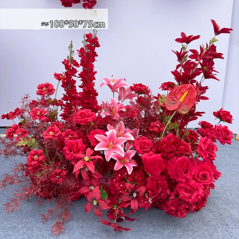 100CM Red Lily and Rose Bouquet Wedding Decoration Artificial Flower Arrangement Wedding Background Decoration