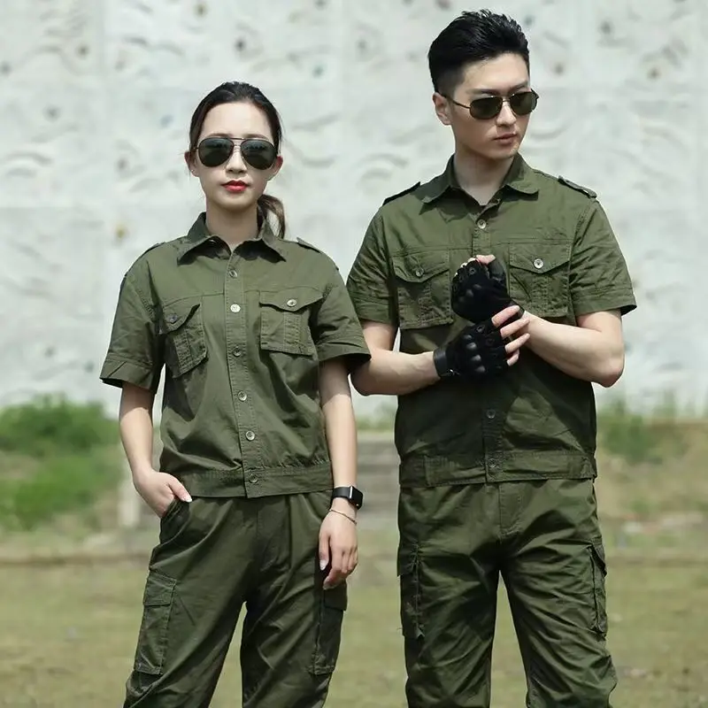 Autumn Army Green Long Thin Section Work Coverall Suits Summer Short-sleeved Cotton Clothes Man Women Unified sets