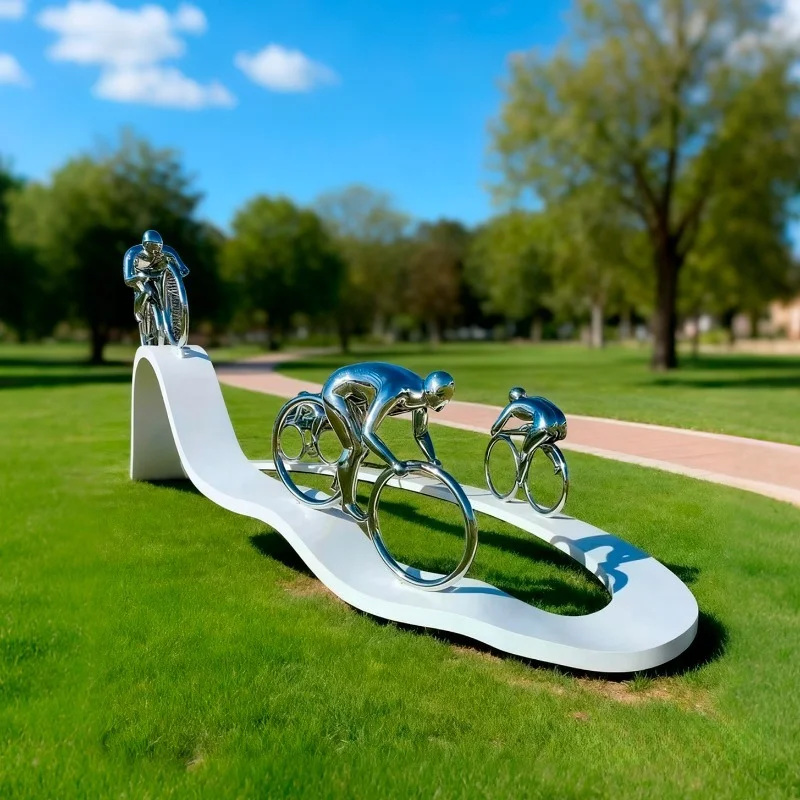 Art style outdoor garden decoration statue: abstract metal stainless steel racing bicycle sculpture