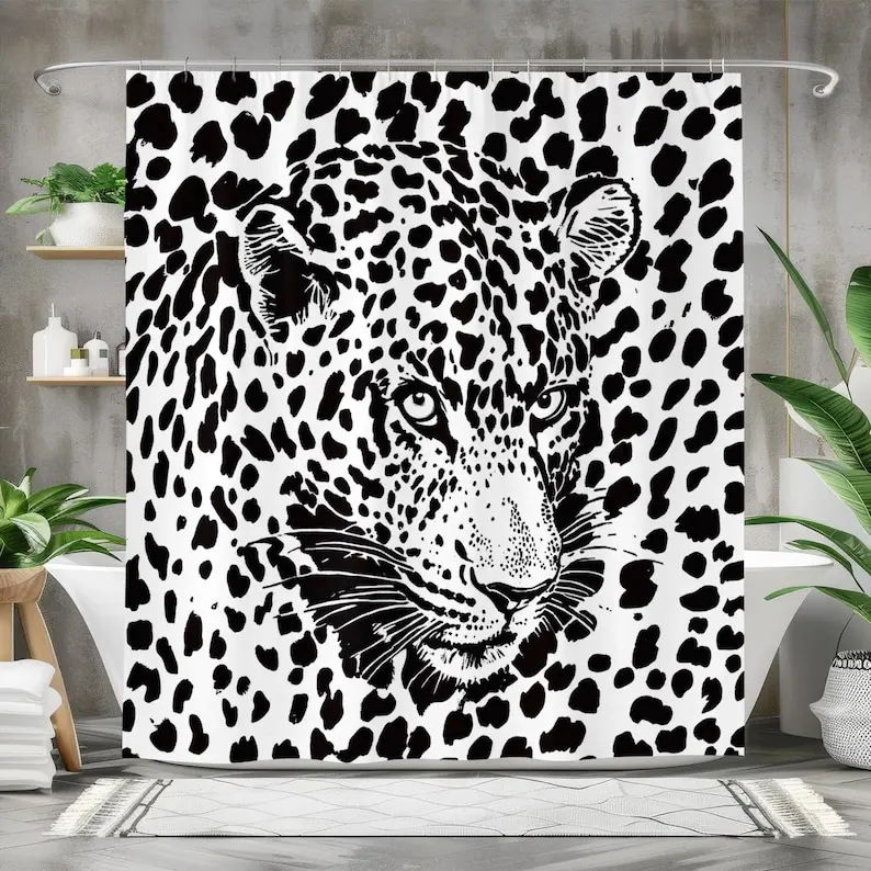 Leopard Print Shower Curtain in Black and White, Bold Jungle Cat Bathroom Decor, Graphic Animal Art Polyester Curtain