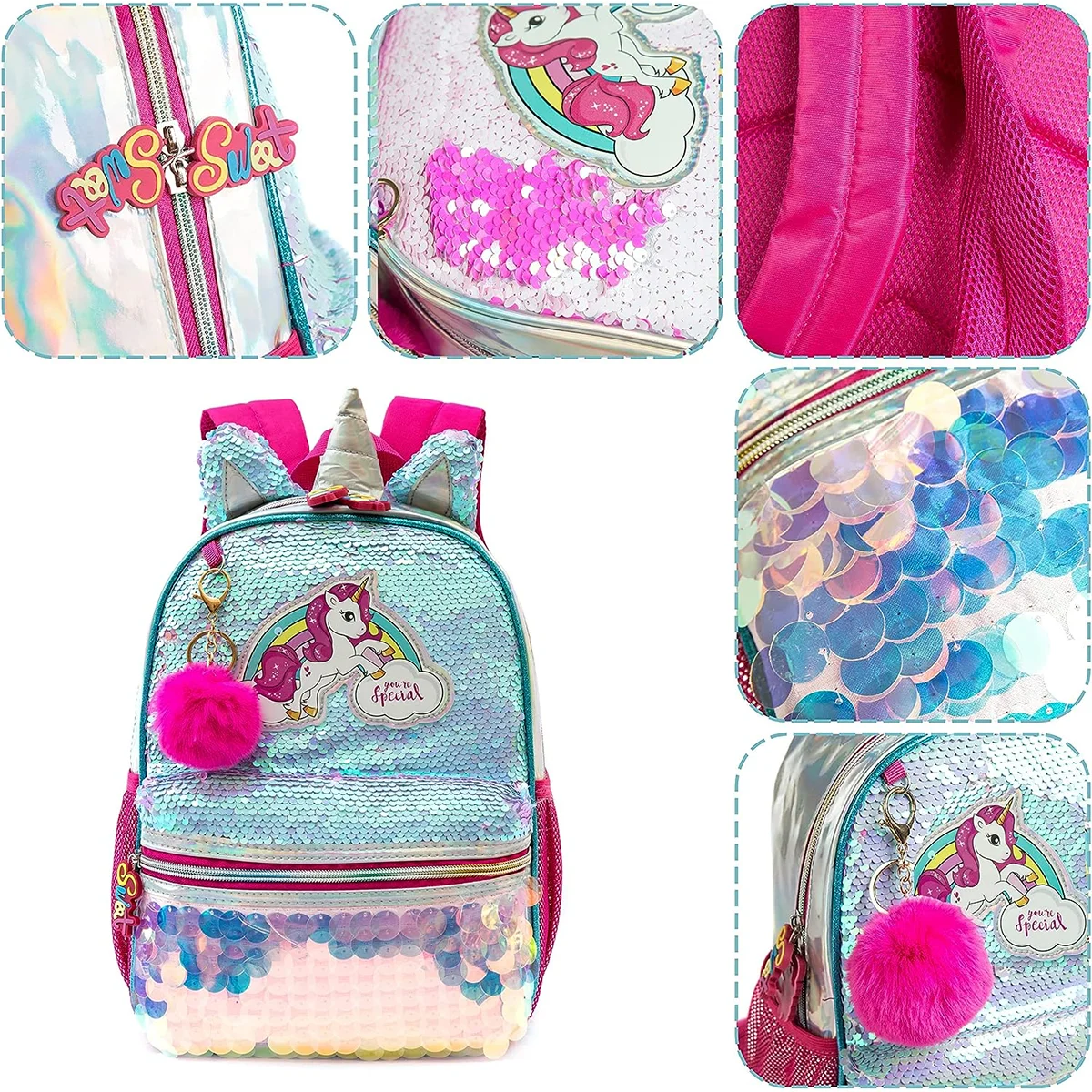 13‘’ Backpack for Girls Kindergarten Bag Sequins Kindergarten Primary School Backpack Girl School Bag