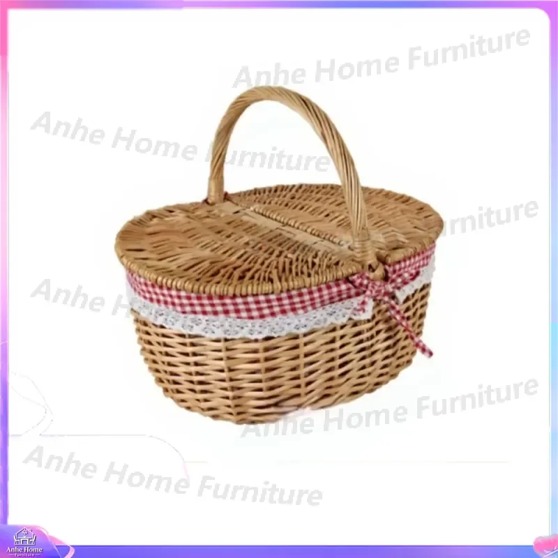 Portable Wicker Picnic Basket with Handle Large Willow Storage Bin for Fruit Flowers Eggs Shopping Home Decor European Style