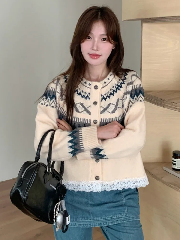 

Sweet Splice Isle Knitted Sweater Women's Autumn New Sle Floral Top Comfortable Medium Softn Commute Sle Knitwear