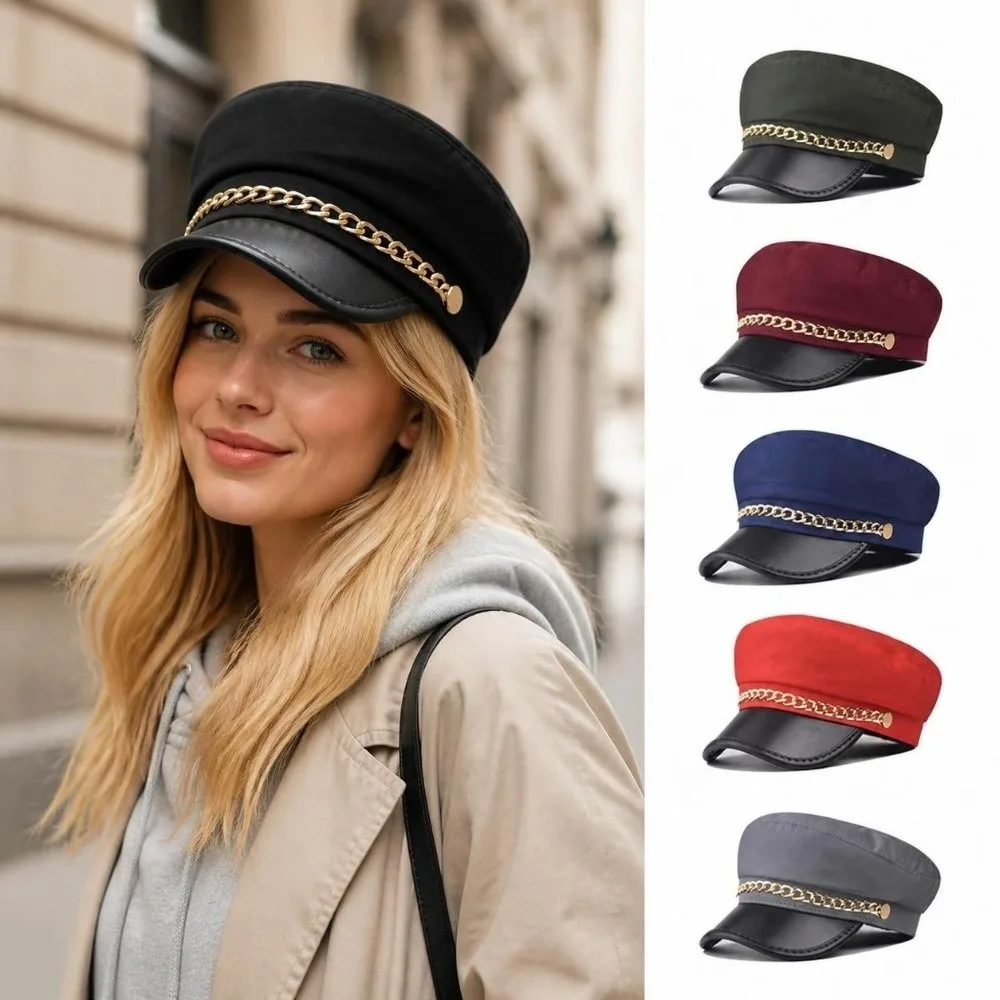 Fashion Gold Chain Decor Newsboy Cap Short Brim PU Leather Flat Top Cap Adjustable All-Match Beret Hat For Women