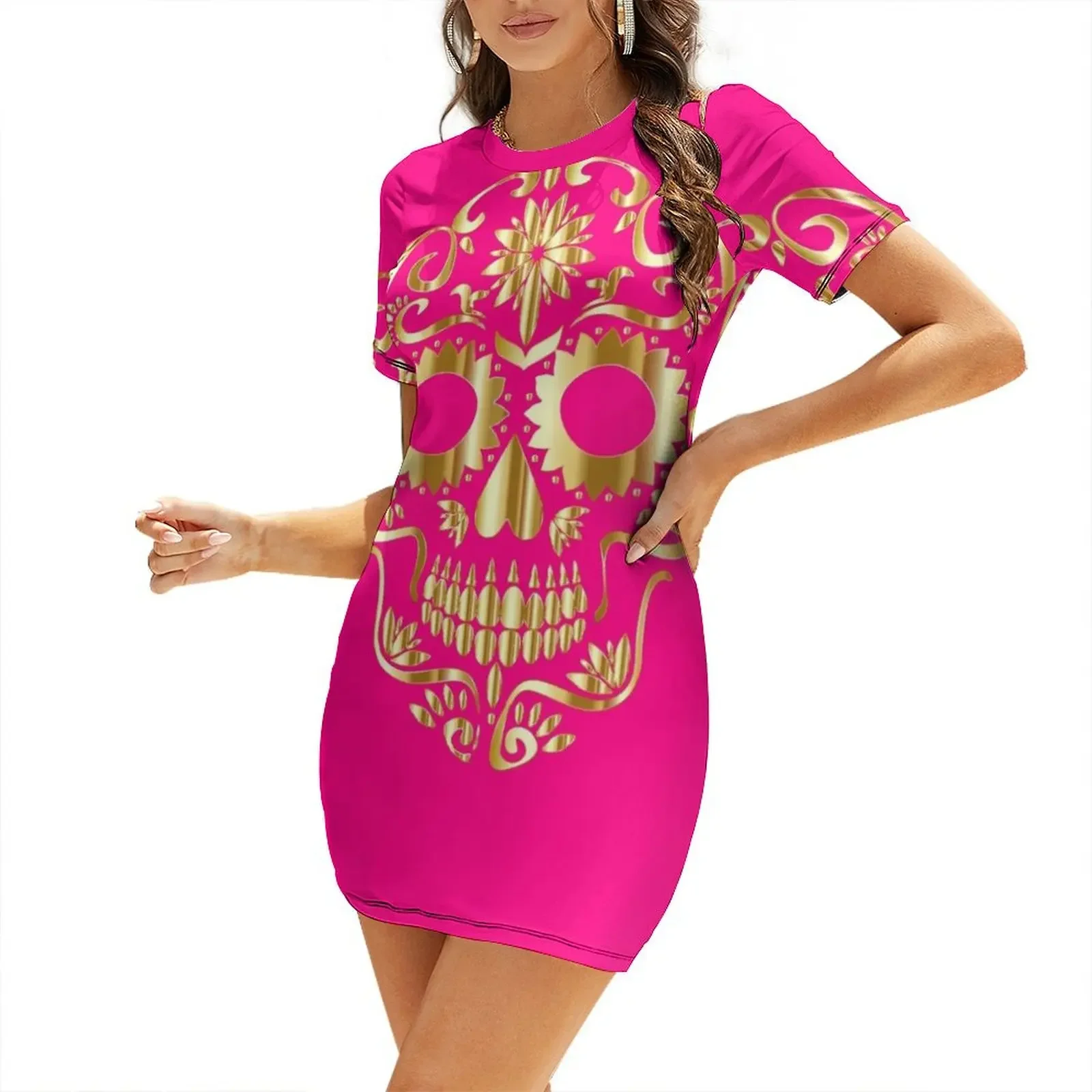 

Sugar Skull Fluro Pink Short-Sleeved Dress women's evening dresses 2026 elegant women's dresses for wedding