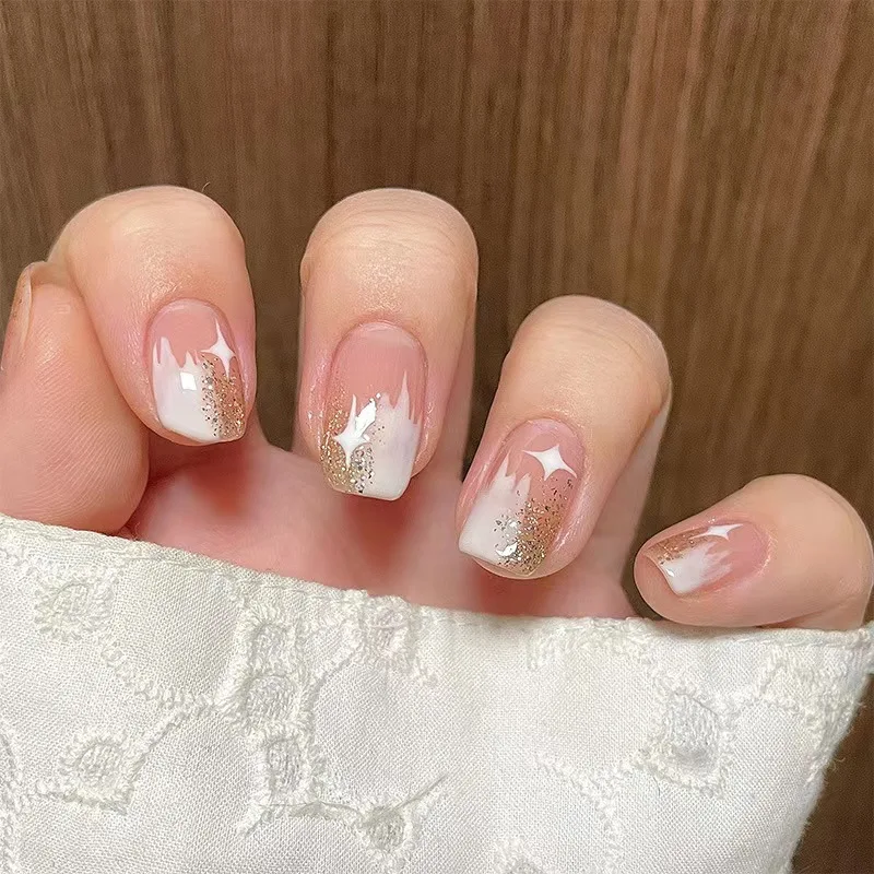 Minimalist ins Wearing Nail Women Nail Patch Finished Star Sparkling Pink Gradual Double Panel Nail Patch Removable Short Nail