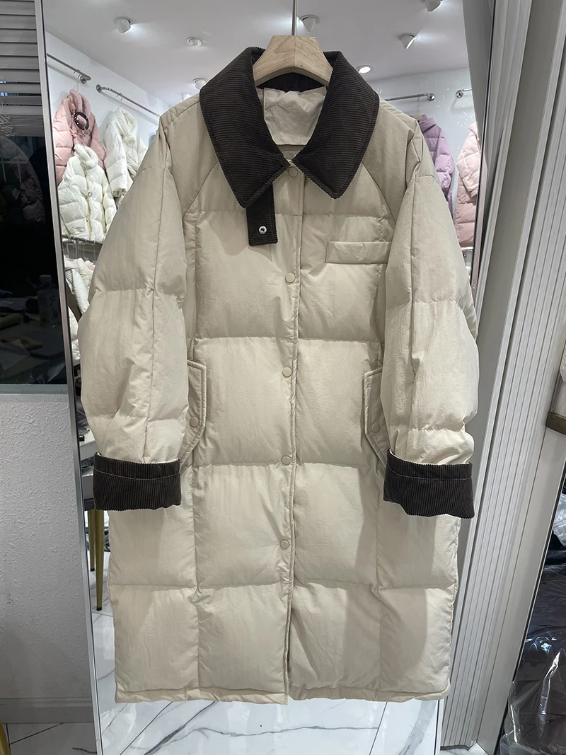 

Corduroy Patchwork Lapel Duck Down Coat For Women Single Breasted Thick Warm Winter Coat Korean Style Loose Mid length Puffer