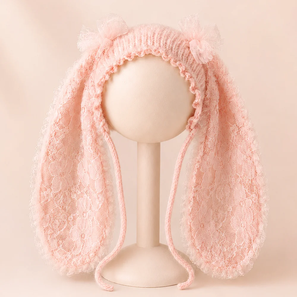 Sweet Lace Ruffle Newborn Bunny Hat with Long Ears for Photography Props Two Bows Knitted Baby Rabbit Bonnet Photo Accessories image 2