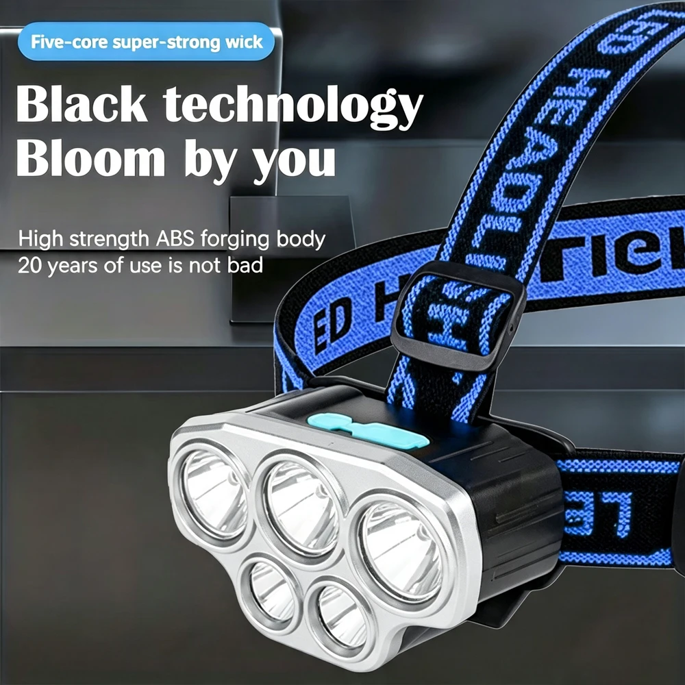 5 LED Headlamp Rechargeable with Built in 18650 Battery Strong Light Headlight Camping Adventure Fishing Head Light Flashlight