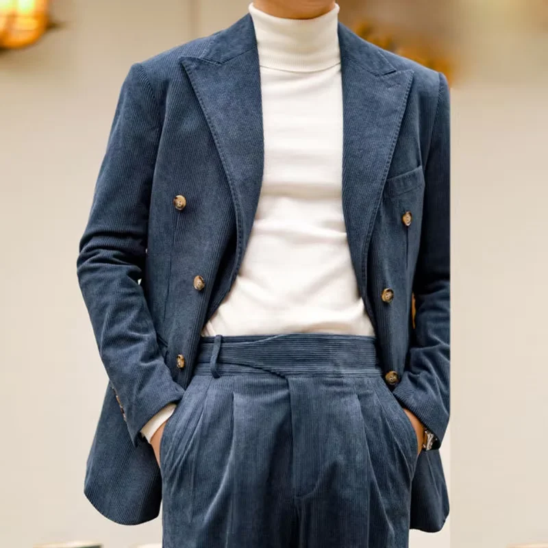 

High Quality Corduroy Men's Suit 2 Piece Double Breasted Slim Fit Retro Fall Versatile Jacket Pants Wedding Party Customized Set