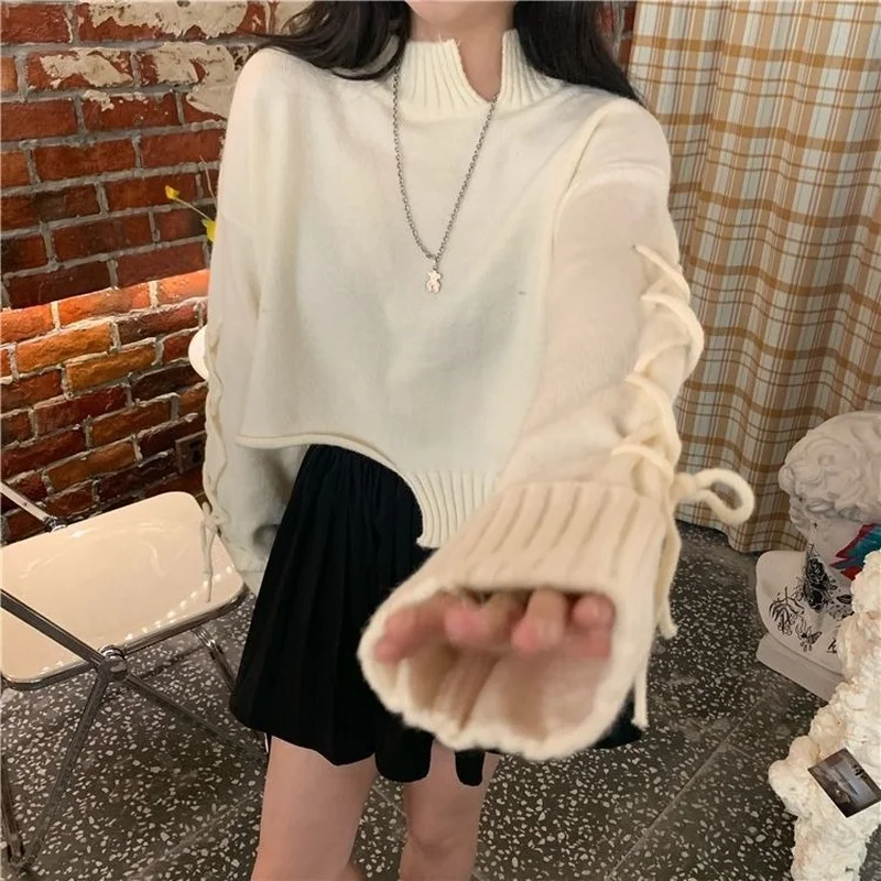 Irregular Pullovers Women Cropped Bandage Half High Collar Girlish Retro Design Chic Sweet Mujer Sweaters Preppy Tender Holiday