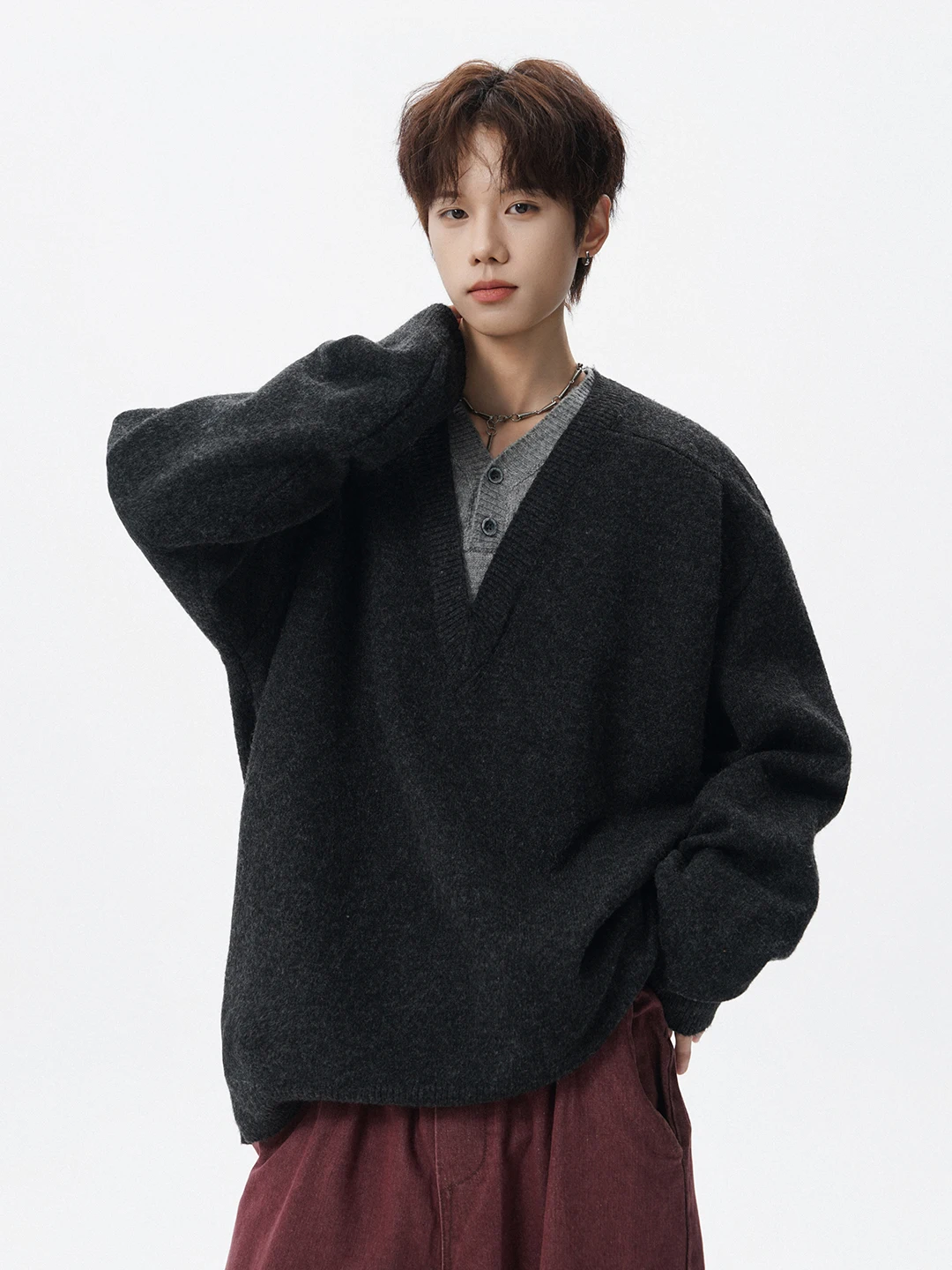 

American Retro V-Ne Sweater Men's Loose Heavy-Look Lazy Sle Casual Knitted Winter Faion Ci Walk Daily Wear Polyester ...