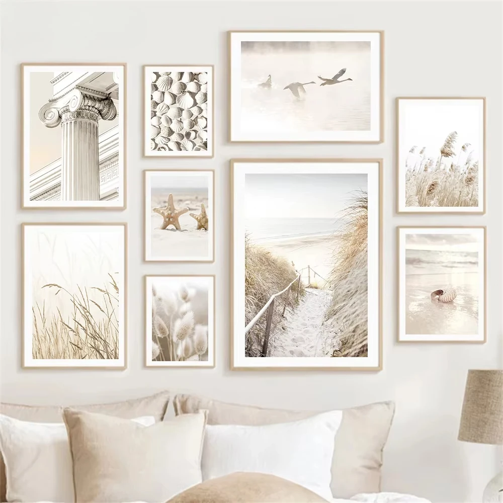 

Beach Sea Reed Grass Beige Landscape Posters Bohemian Wall Art Shell Starfish Feather Canvas Nordic Print Living Room Home Decor