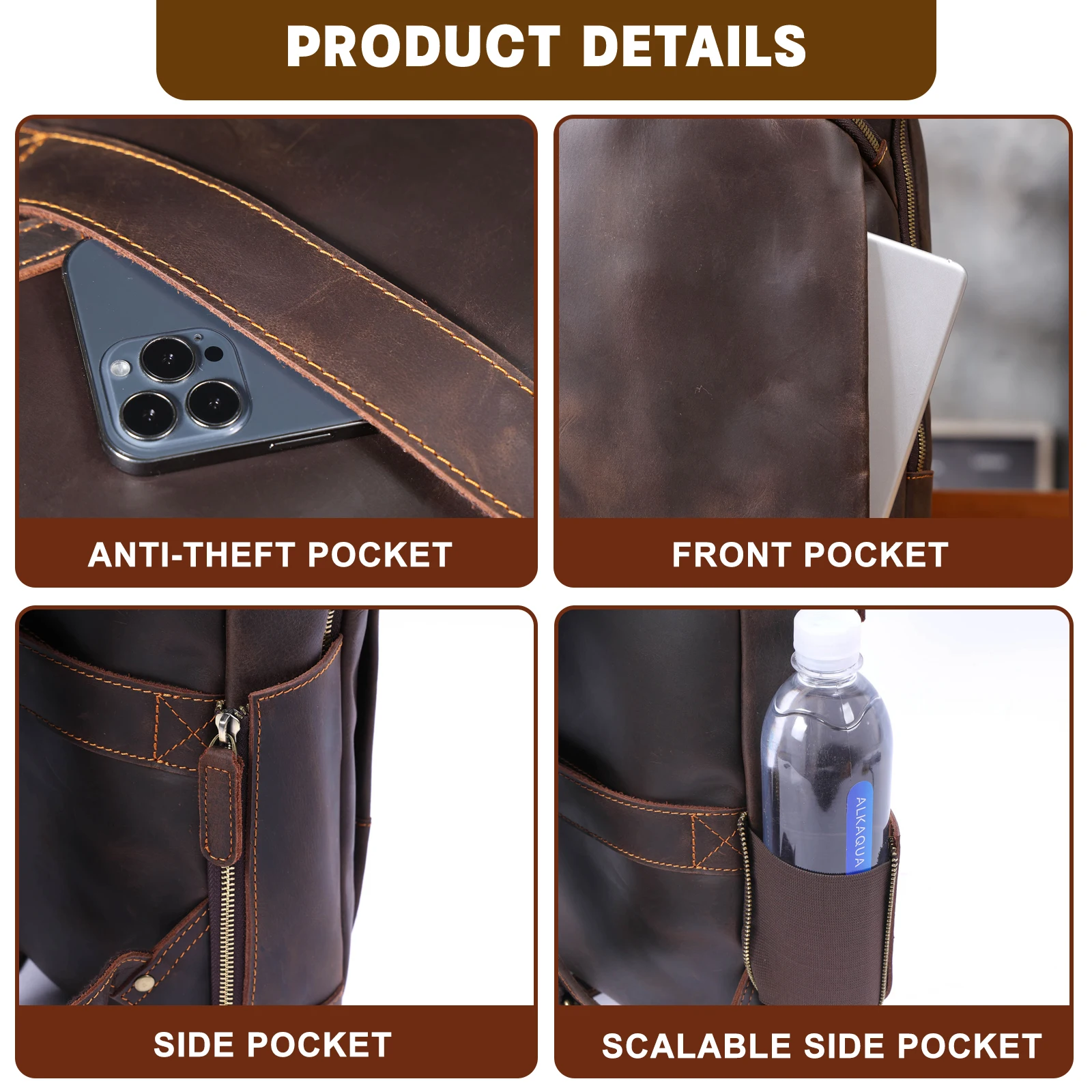 S.WORKER Vintage Echtleder-Rucksack 16“ Laptop-Tasche Crazy-Horse-Leder Schultasche Outdoor-Reise-Weekender-Schultertasche – Detail 13