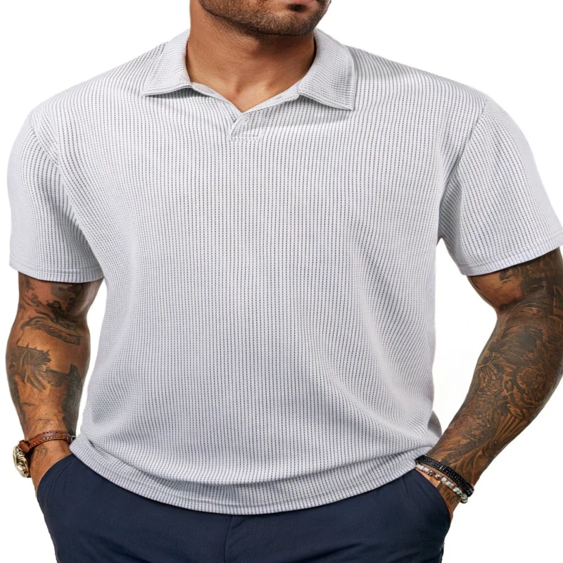 Classic Men's Striped Waffle Polo Shirts Golf Shirt Short Sleeve Polo Shirts Collared Shirts Business Casual Wear Formal Wear