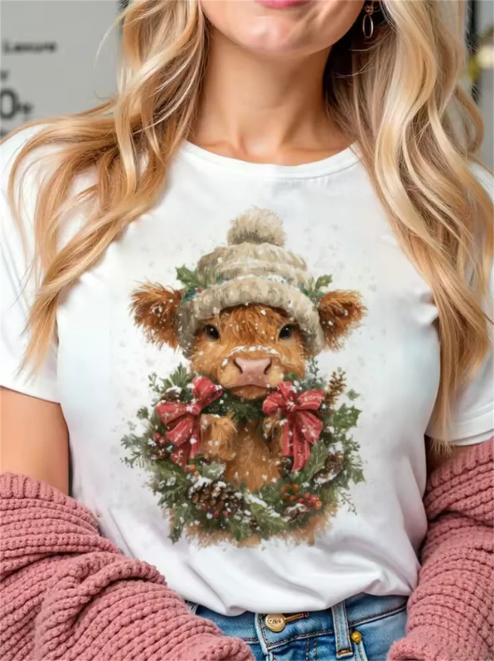 Clothing T-Shirt Christmas Highland Cow Printed Women's Pattern Harajuku Round Neck Top Cute Short Sleeve Printed White T-Shirt
