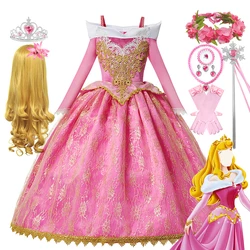 3-10Yrs Kids Girls Cosplay Sleeping Beauty Aurora Off Shoulder Princess Dress 2024 Halloween Birthday Costumes Party Clothes