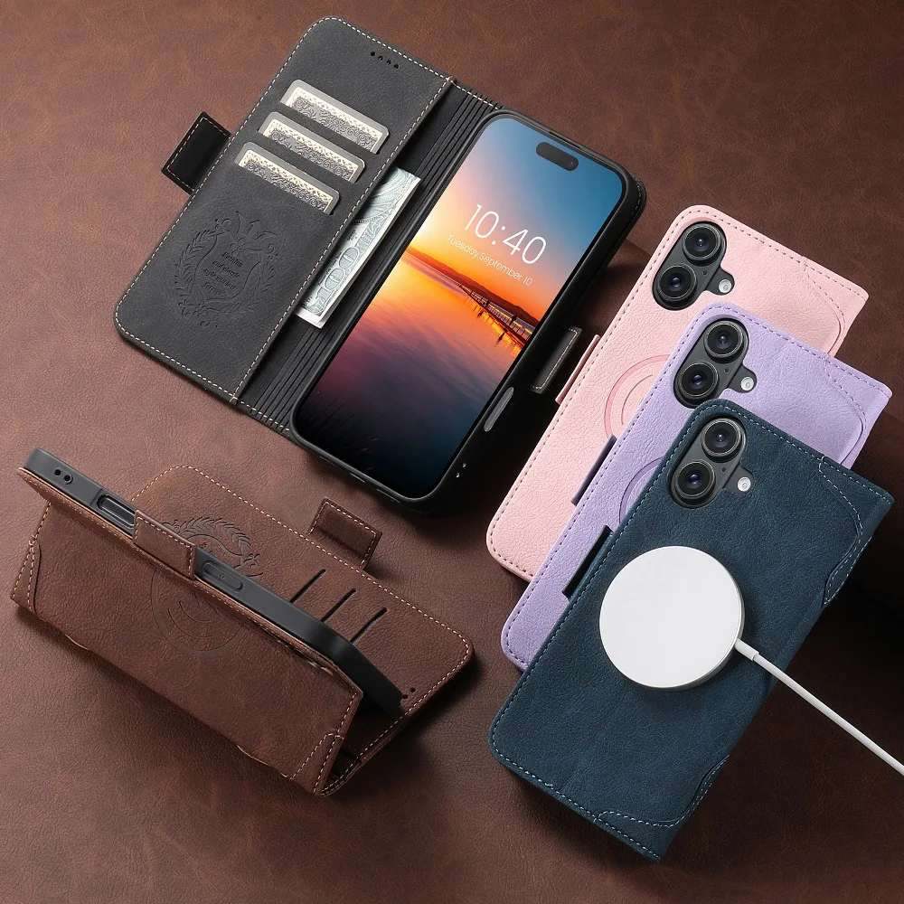 

Magnetic Flip Phone Cover for Samsung Galaxy S22 S23 S24 S25 Ultra with Support Back Charging and Built-in Wallet Card Case