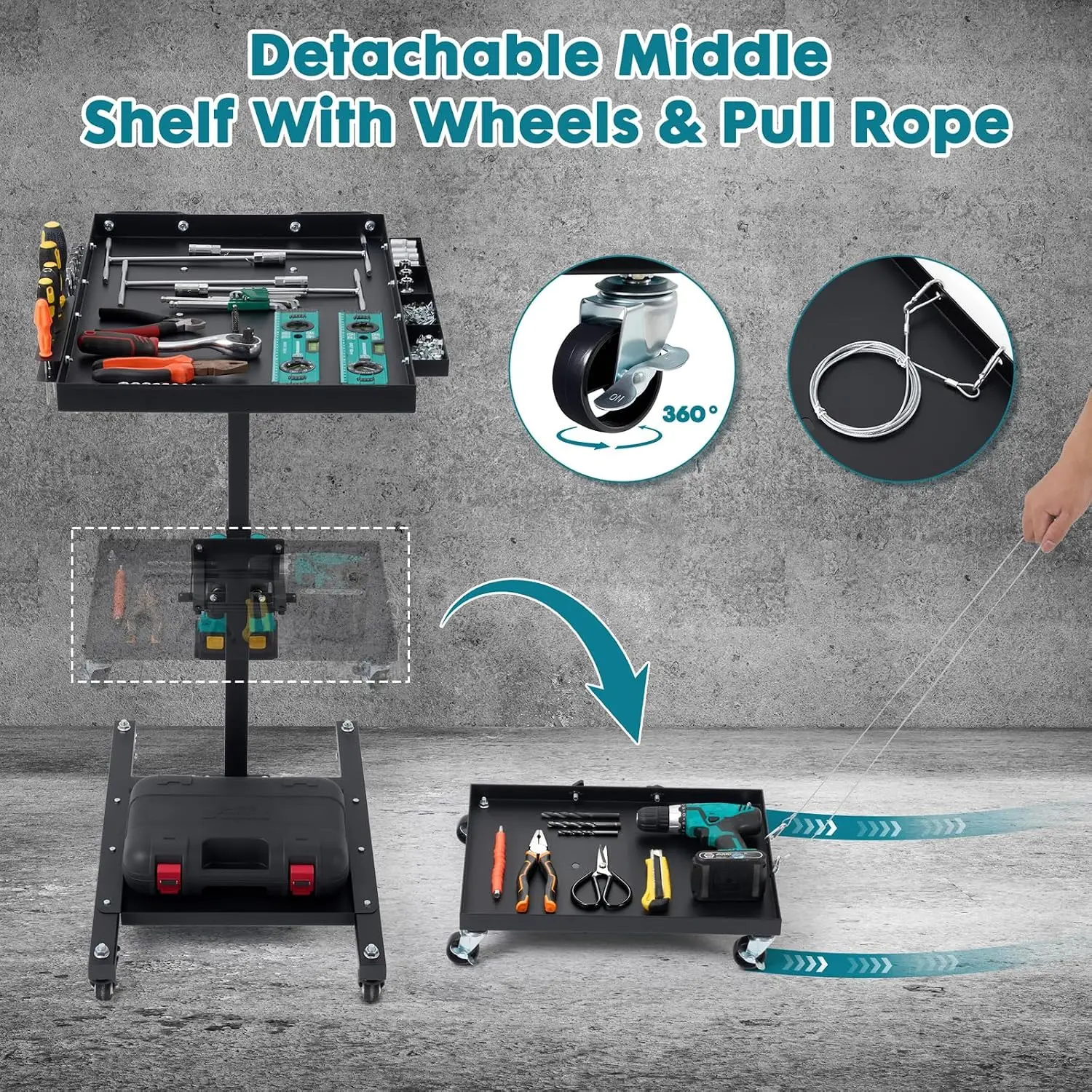 3 Tier Rolling Work Table Adjustable Height Tool Cart Wheels Portable Mechanic Organizer Drill Storage Garage Workshop Bicycle R
