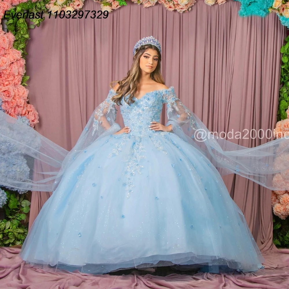 

EVLAST блестящее небесно-голубое платье для Quinceanera бальное платье с цветочной аппликацией из бисера с накидкой корсет милое 16 Vestido De 15 Anos TQD953