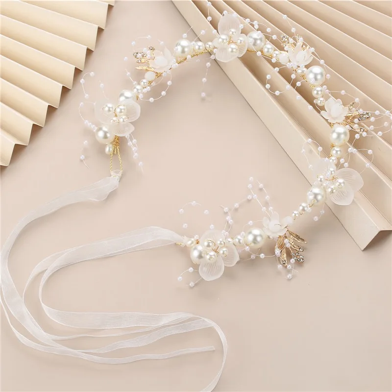 2023 Bride Wedding Hair Accessorie Pearl Flower Headband Girls Crystal Floral Crown Garland Head Hoop Headpiece Hair Jewelry