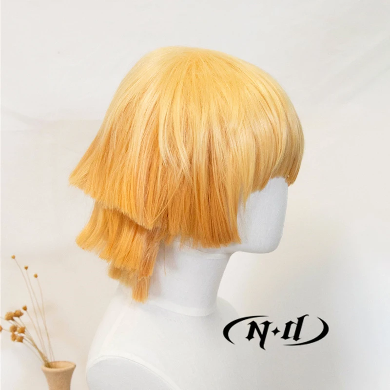 ND 젠이츠 아가츠마 코스프레 가발 헤어피스 귀멸의 칼날 애니메이션 코스프레 헤어 가발 코믹콘 코스어용 내열성 합성