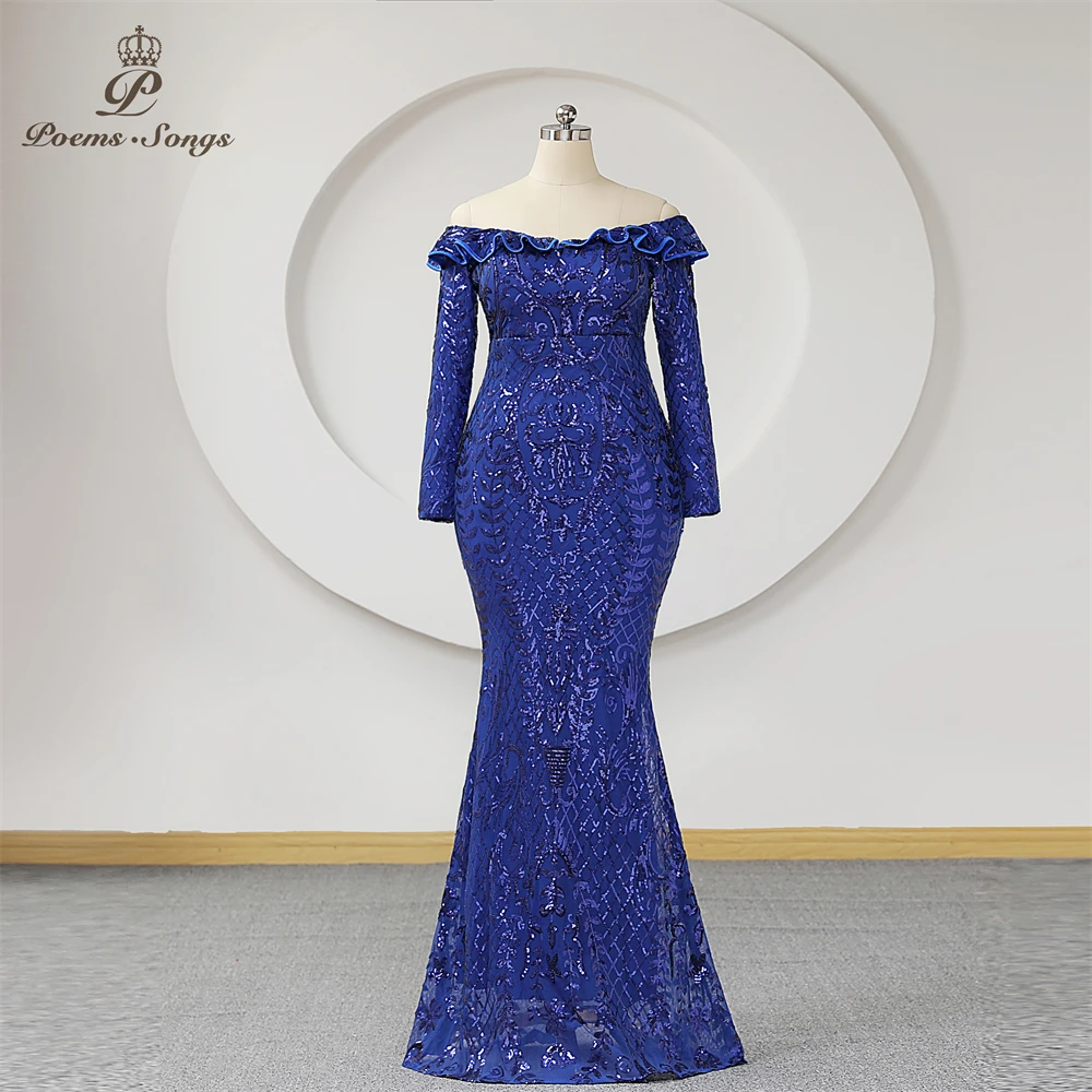 Royal Blue Sequins ชุดราตรี Mermaid แขนยาว Ruffles ปิดไหล่พลัสขนาดผู้หญิงทรัมเป็ต Celebrity Maxi ชุด