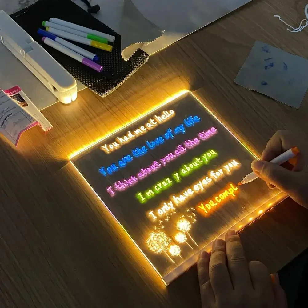 LED Note Board with 7 Colors Pen Reusable Glowing Acrylic Message Marker Board with Light LED Illuminated Drawing Board