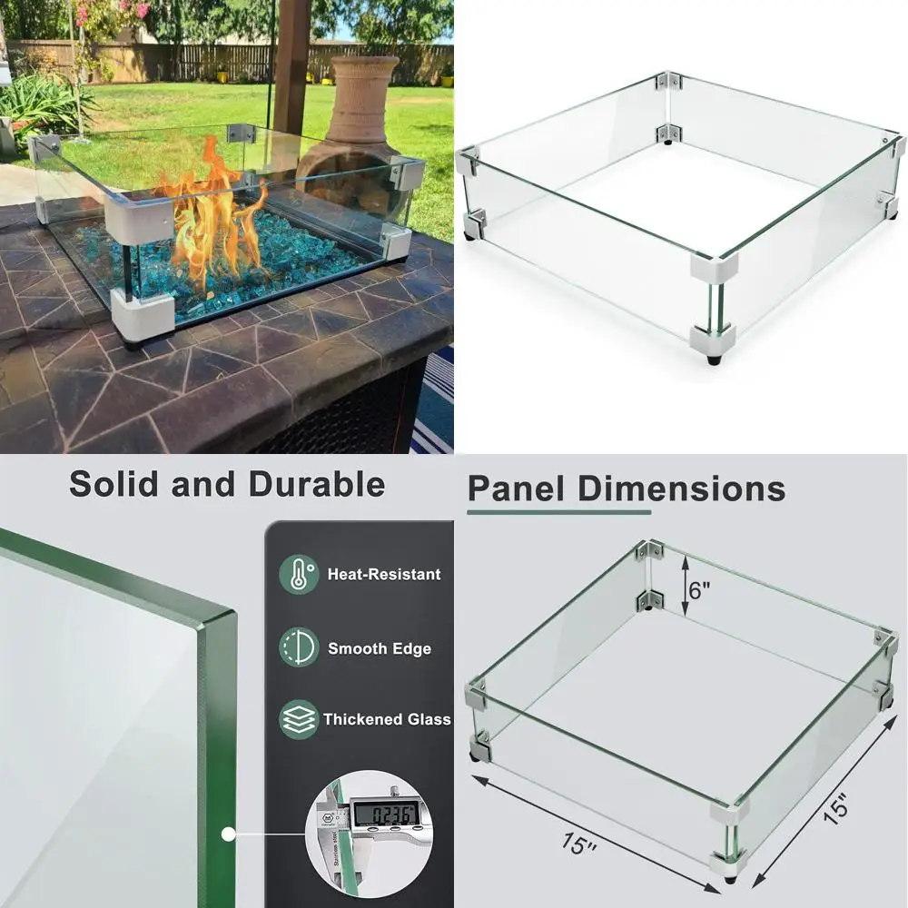 

15 x 15 x 6 Tempered Glass Fire Pit Wind Guard with Aluminum Bracket and Rubber Feet, Easy Assembly