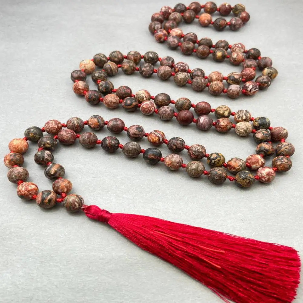 

Natural Leopard Skin Jasper 108 Mala Beads Necklace with Red Cord Vitality & Passion Healing Crystal Jewelry