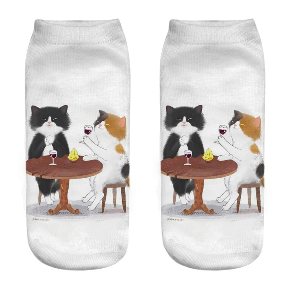 Women's Hot Selling Cartton Animal Cartoon Kitten Unisex Short Socks Creative White Family Cat Life Happy Low Ankle Sokken