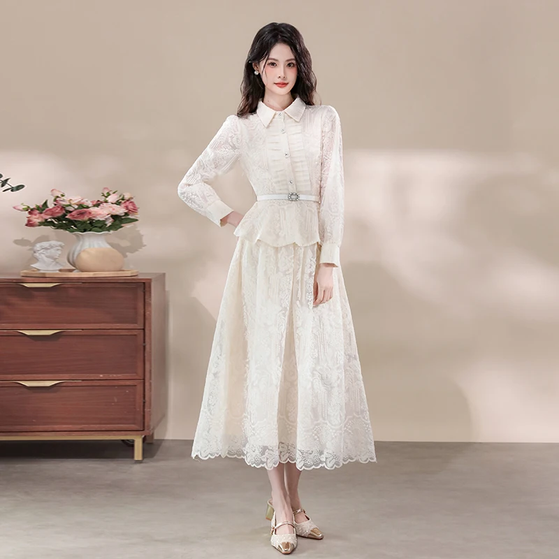 

2026 Французский легкий роскошный модный женский топ из 2 предметов с воротником-поло и длинными рукавами + кружевная длинная юбка, элегантный весенний комплект с вышивкой