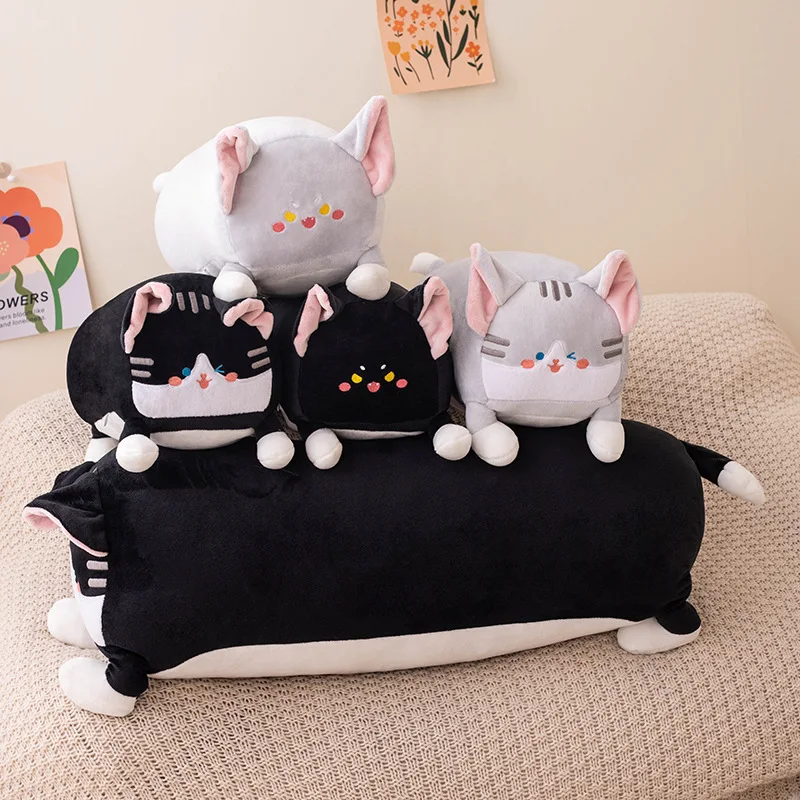 Kawaii Stuffed Anime Cat Plush Toys Soft Cute Animal Cartoon Lying Kitten Dolls Long Pillow Bed Cushion Decor Birthday Gifts