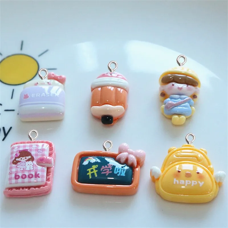 10Pcs Catoon Pencil Book Blackboard Resin Charms Creative Phone Decor Materials Kawaii Keychain Accessories DIY Jewelry Pendants