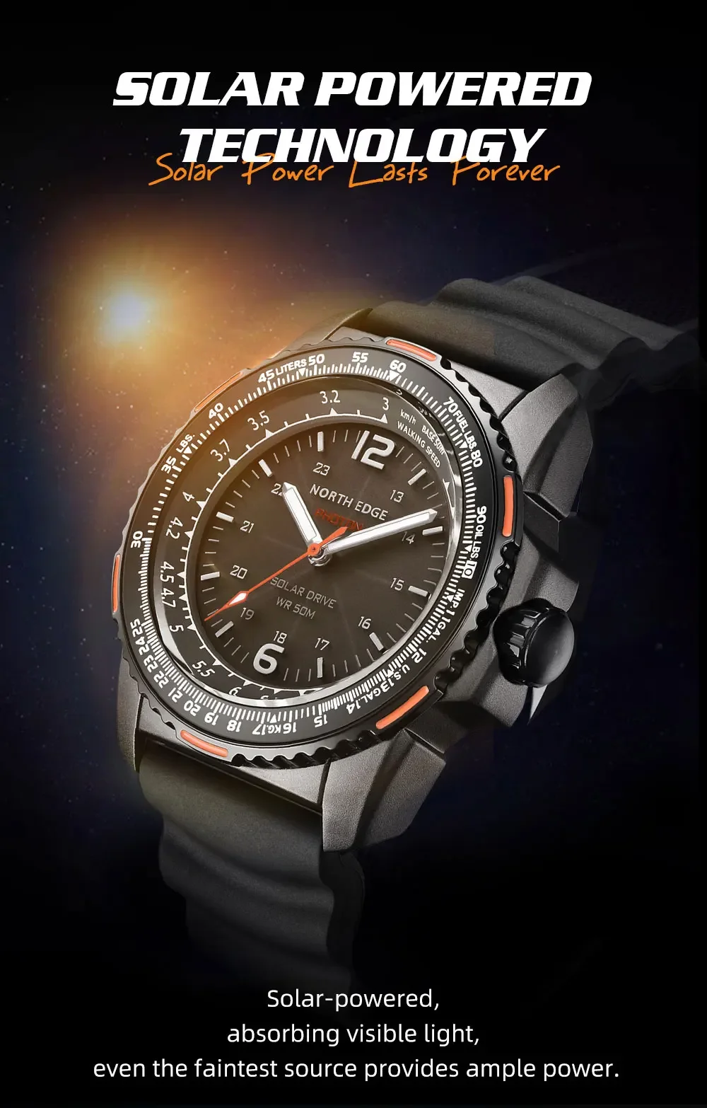 NORTH EDGE PHOTON الرجال ساعة عسكرية رقمية مقاوم للماء 50 متر ساعات المعصم الرياضية للرجال الطاقة الشمسية مضيئة على مدار الساعة البيئية #2