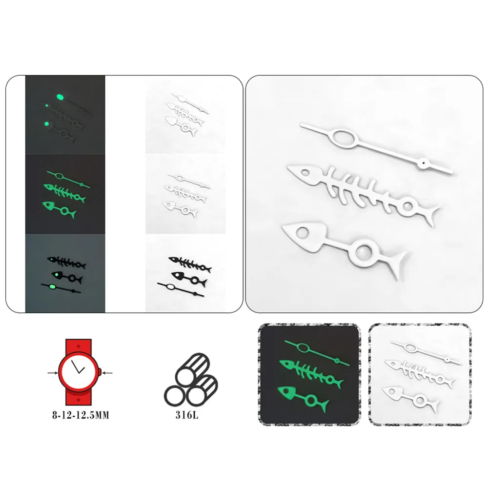 1Set 316L Steel White Luminous Watch Hands for NH35 NH36 4R 7S Movement, 8x12x12.5mm 3 Hands Replacement