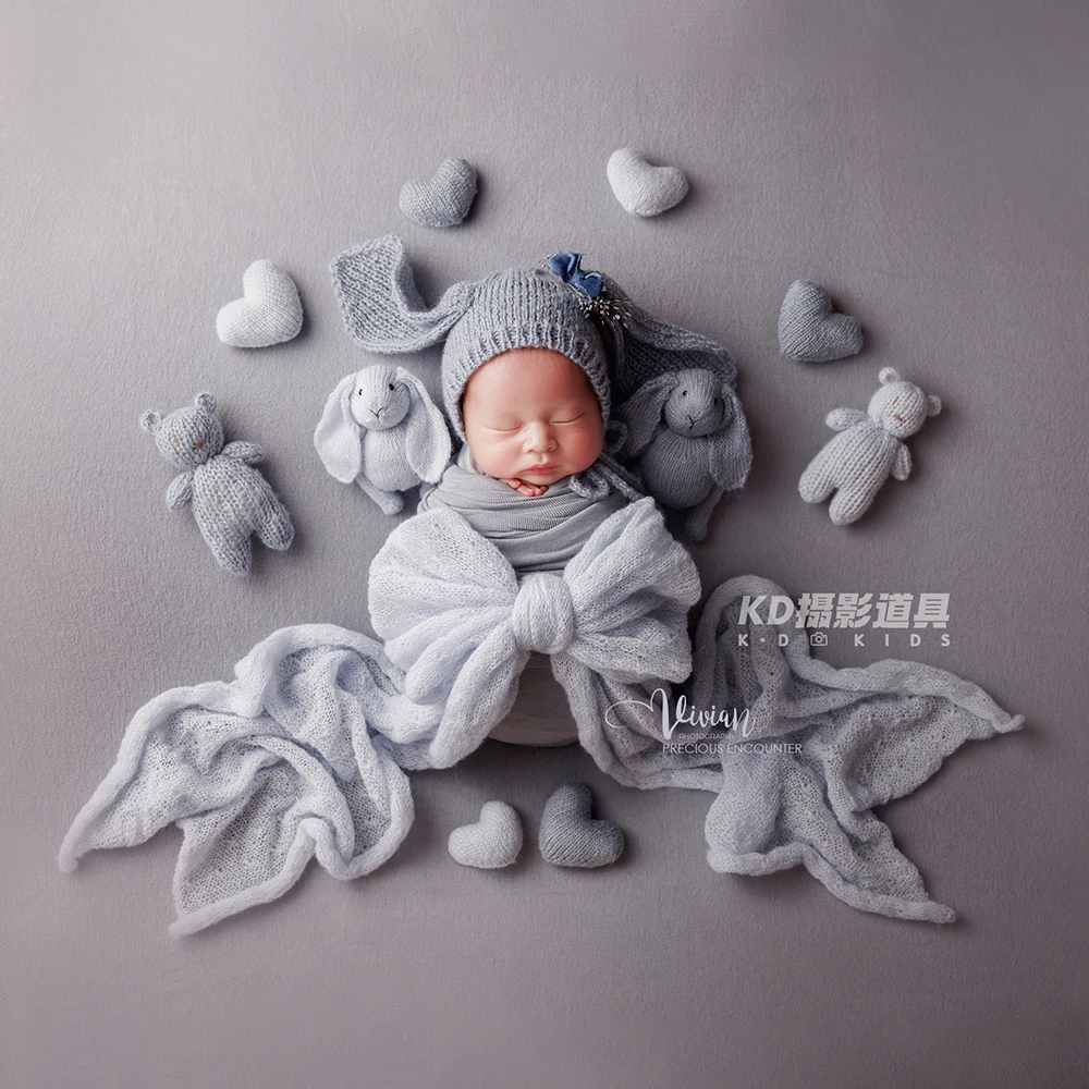 Dreamy Neutral Newborn Photography Props Kit Knitted Hearts Animals Dolls Bow Styling Blanket Studio 0-1 Month Baby Photo Props