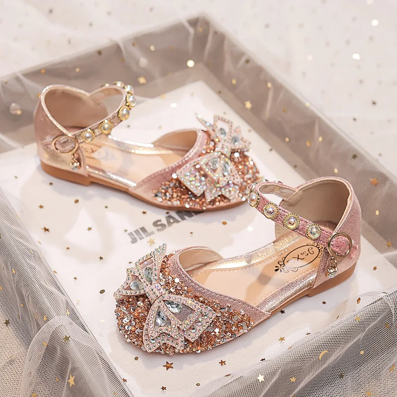Girls Rhinestone Mary Jane Shoes – Sparkly Princess Dress Flats with Bow, Soft Sole for Dance Recital, Wedding & Party Ages 2-8