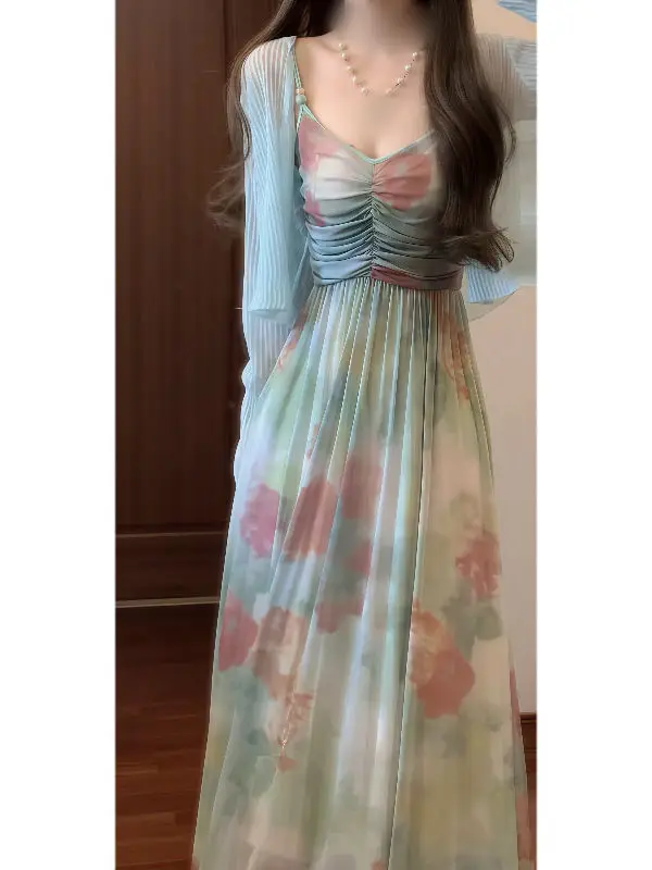 

Новое платье в китайском стиле с градиентной вязкой и поясом, комплект из двух предметов, весенняя мода, длинный рукав, высокая талия, юбка А-силуэта